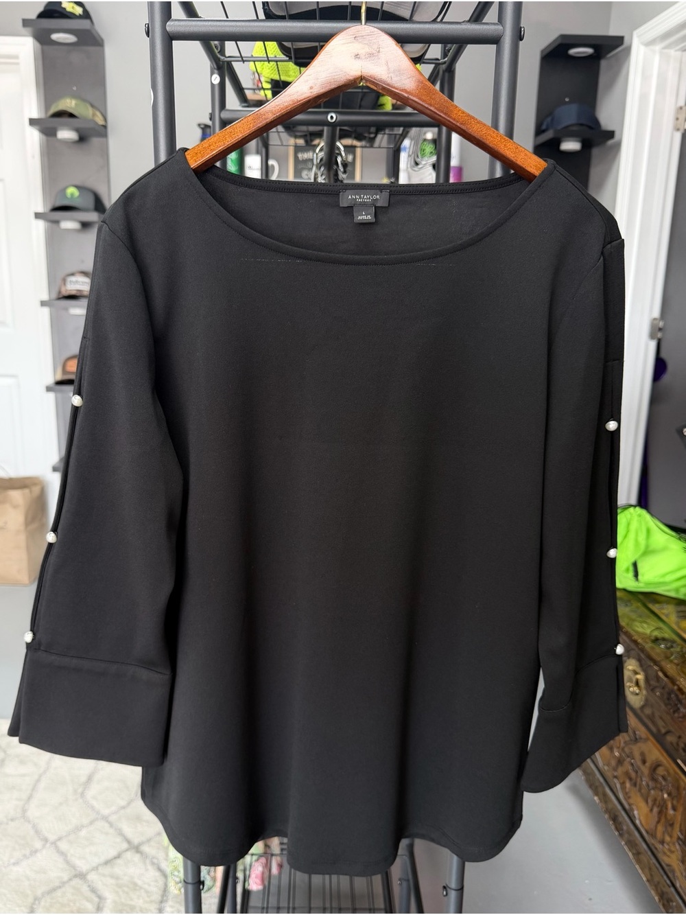 Ann Taylor Black Blouse with Pearl-Trim Sleeves